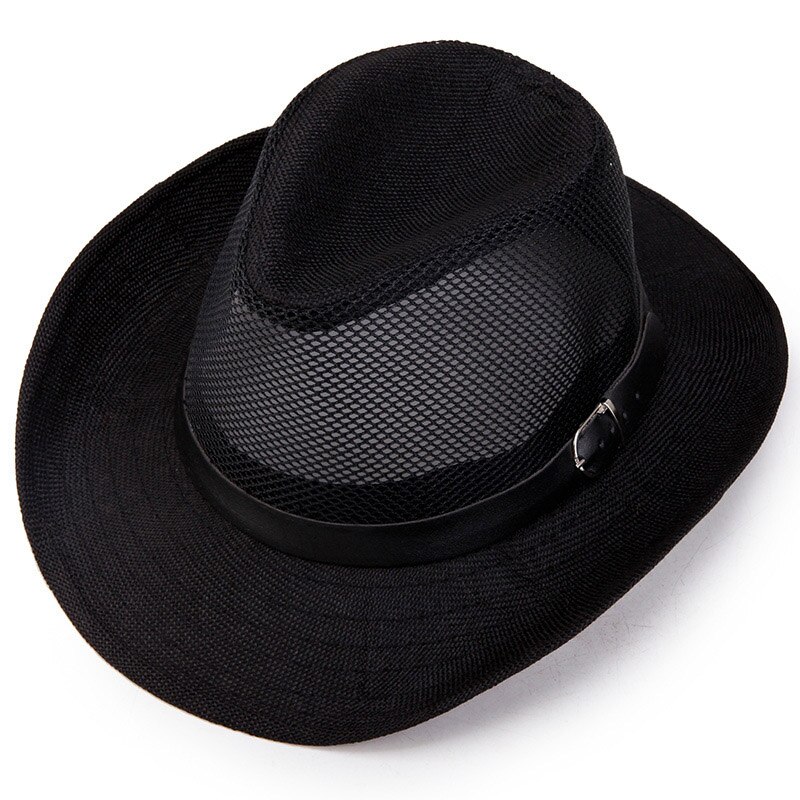 Summer Men Breathable net Cowboy Hat Wide Brim Travel Sun Hat Women Western Wide Curling Brim Cap Sun Protection Unisex Hats: Black