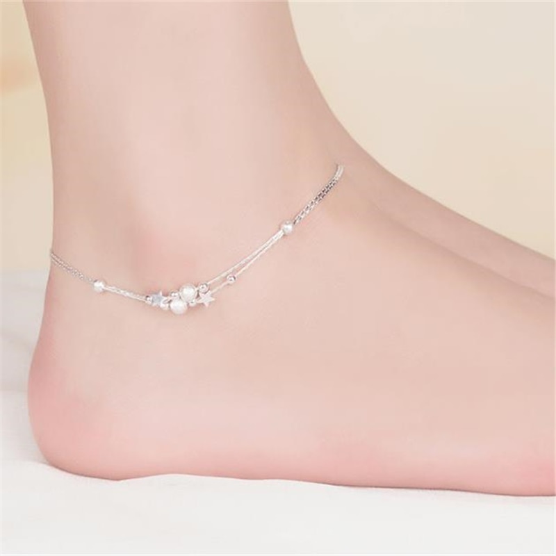 KOFSAC Doppel Kette 925 Sterling Silber Fußkettchen Für Frauen Nette Stern Perlen Ankle Armbänder Fuß Schmuck Mädchen Partei