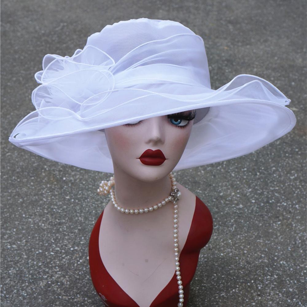 Lawliet Summer Hats for Women Organza Wide Brim Sun Hat Kentucky Derby Wedding Church Tea Party Floral Cap A002