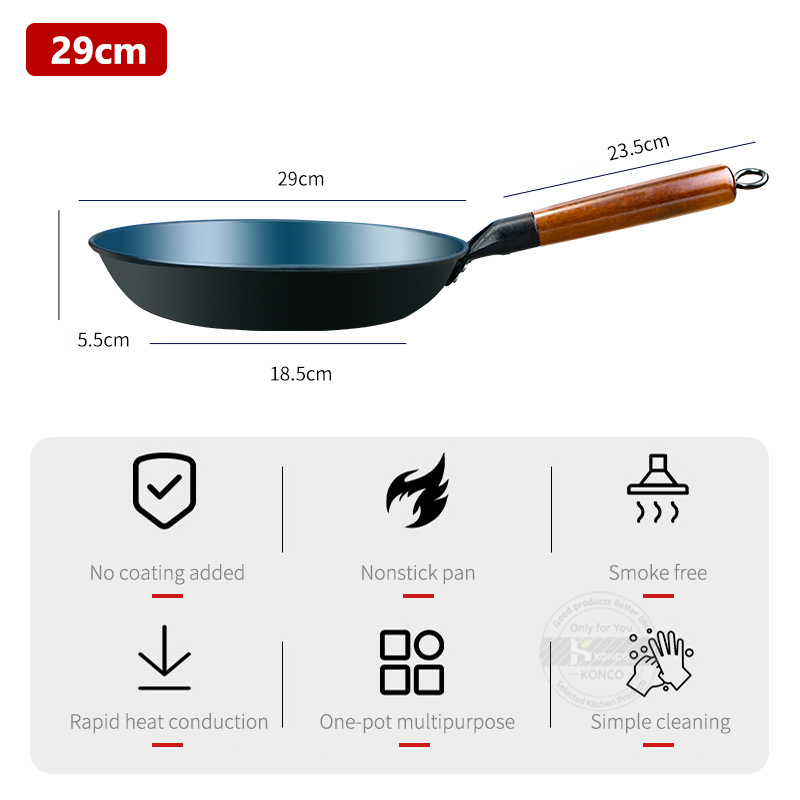 Flat stekepanne kinesisk tradisjonell jernpanne med trehåndtak ikke-belagt wok non-stick kokepanne for gass og induksjon