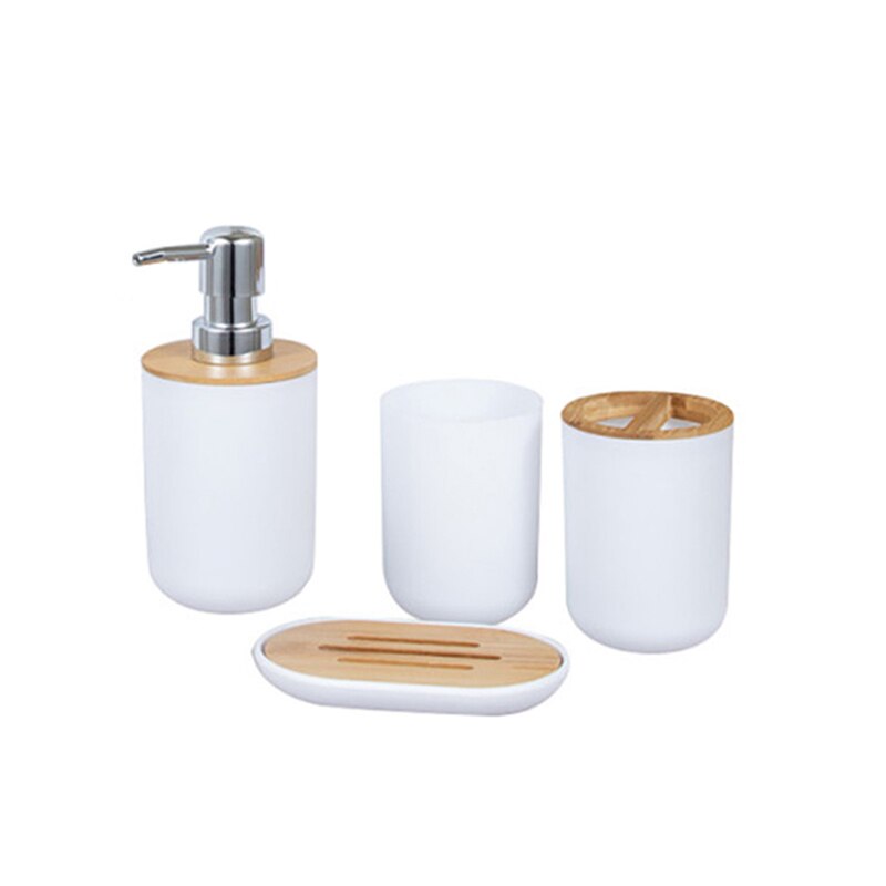 4 Stuks Bamboe Badkamers Set Tandenborstelhouder Zeepdispenser Zeepbakje Container Badkamer Accessoires: WHITE