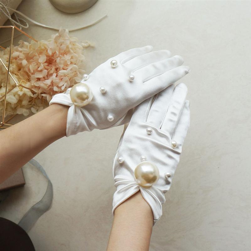 1 Pair Wedding Bridal Satin Gloves Imitation Pearl Inlaid Gloves for Lady White