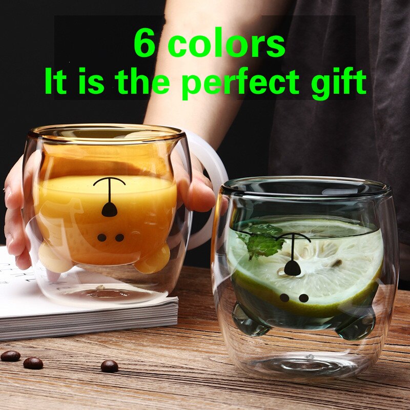 Söt björn dubbelskikt kaffemugg dubbel glas kopp kartong djur mjölk glas dam söt jul