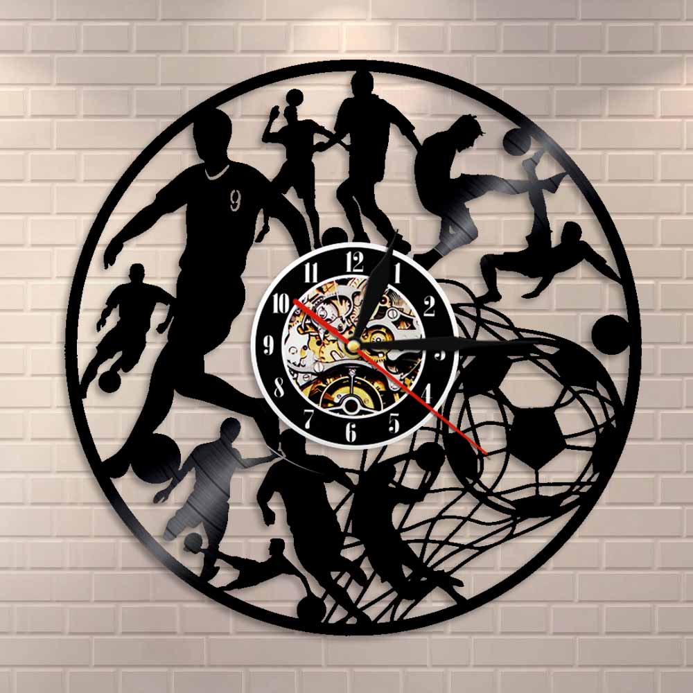 Reloj de pared de fútbol jugadores de fútbol Kick Ball Net Goal Football Field equipo de pelota deporte Colegio niños Juego reloj de vinilo de registro
