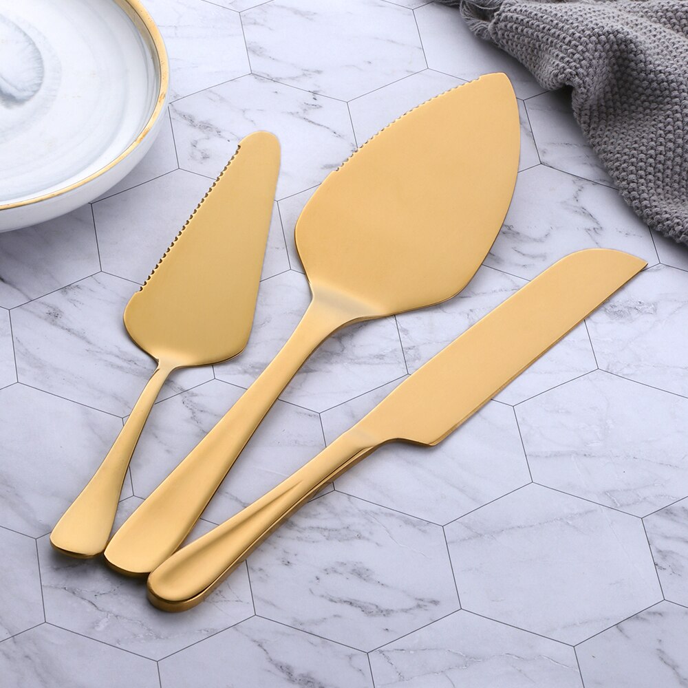 1/3PCS Stainless Steel Cake Shovel Set Bread Pizza Knife Dessert Pie Divider Cutter Spatula Server Baking Tool for Party Wedding: gold set