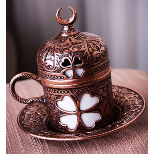 Authentique café turc tasse à expresso soucoupe porcelaine cuivre couverture fleur de sureau