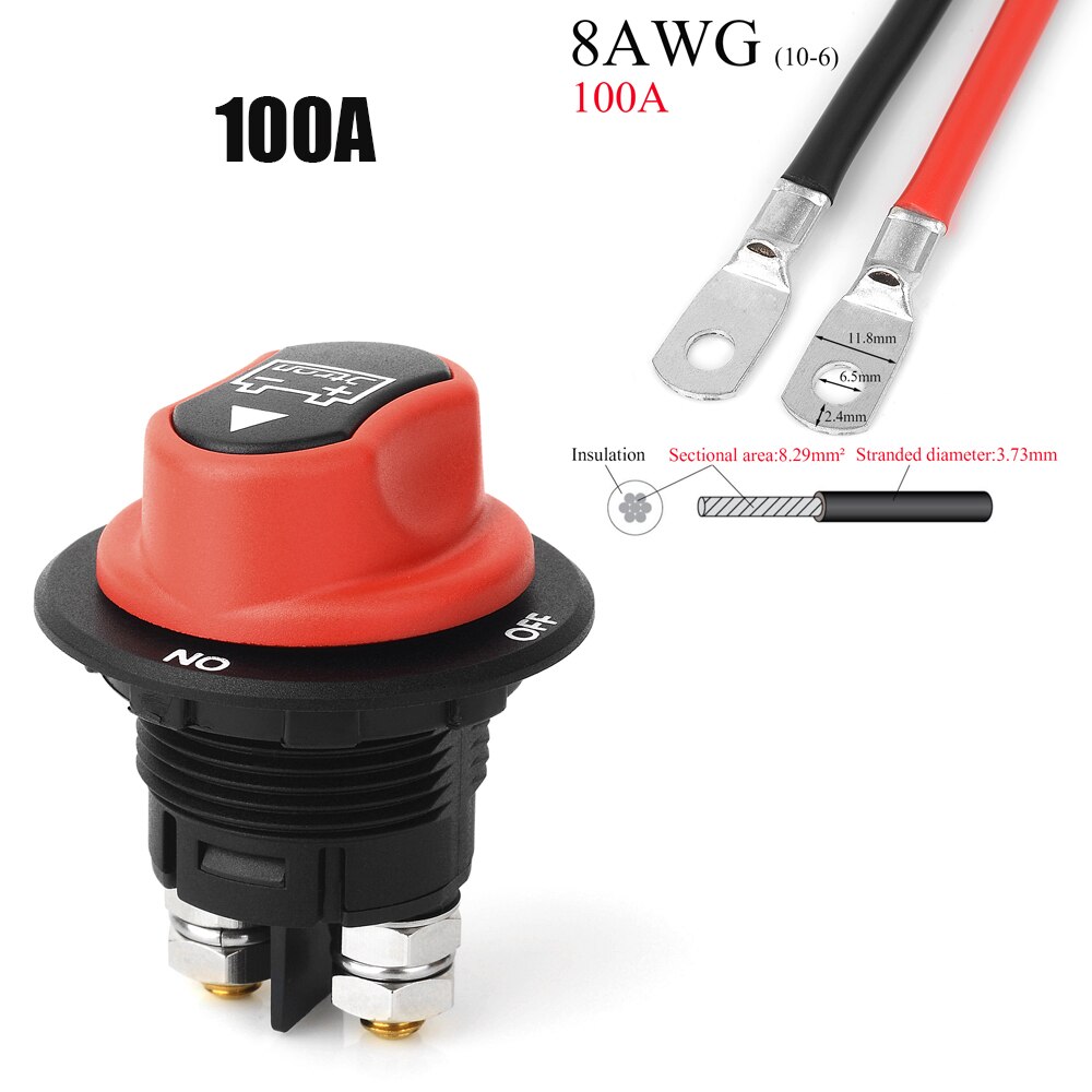 Jtron car battery switch 12v 50A 100A 200A 300A car battery isolator switch + cable wiring connect on-off battery kill switch: 100A