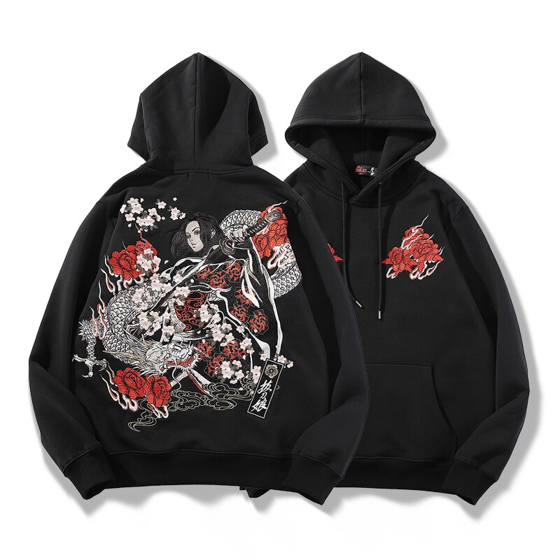 Japanese-style Yokosuka embroidery Chinese style dragon pattern drawing knife beauty winter plus velvet hoodie men's clothing