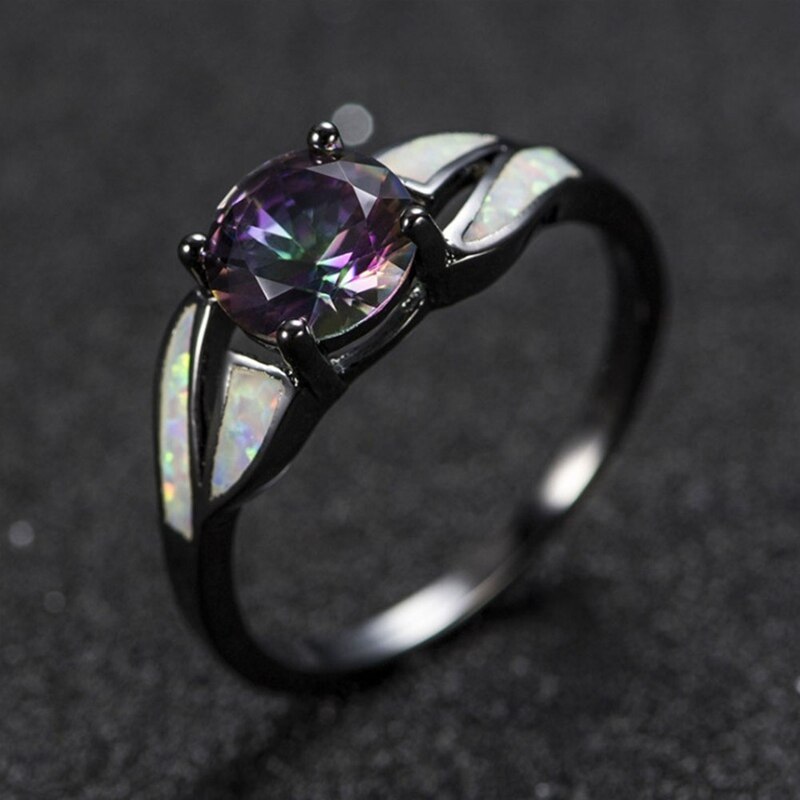 Charming Bianco Opale di Fuoco Anello Colorato Sappjire Delle Donne Degli Uomini di Gioielli Arcobaleno Nero Riempito Anelli Di Fidanzamento Bijoux Femme