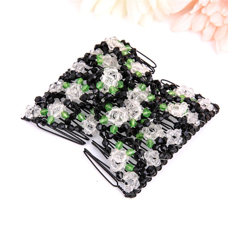 Accessoires de coiffure de dames perles magiques élasticité Double peigne à cheveux pince accessoires de coiffure extensibles: White