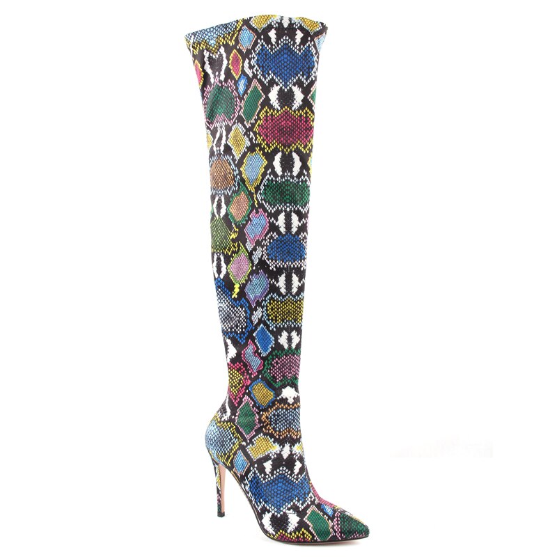 Perixir Vrouwen Over De Knie Laarzen Sexy Dunne Hoge Snake Print Stretch Stoffen Laarzen Hoge Hak Slip Op Schoenen Wees teen Lange Boot: 36
