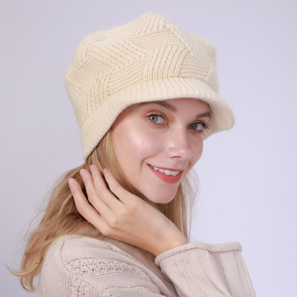 Chapeaux en laine tricotée Skullies, 1 pièce, bonnets de cyclisme en plein air en poils de lapin pour femmes, visières chaudes en polaire, couleur unie