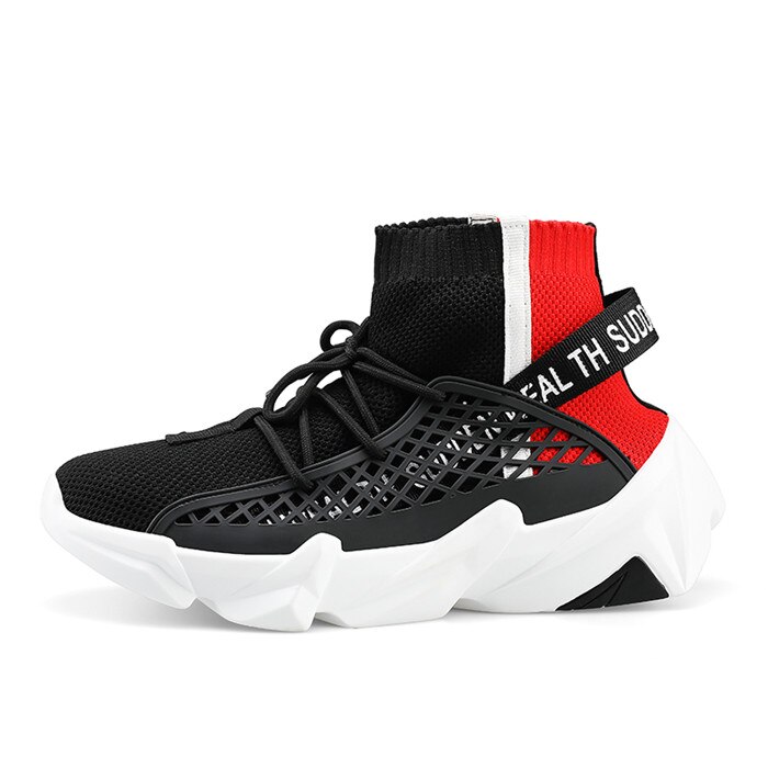 Vsiovry sock sneakers herr stickad ovandel andas sportskor höst chunky sneakers hög dämpande löparskor för män: Svart röd / 8.5