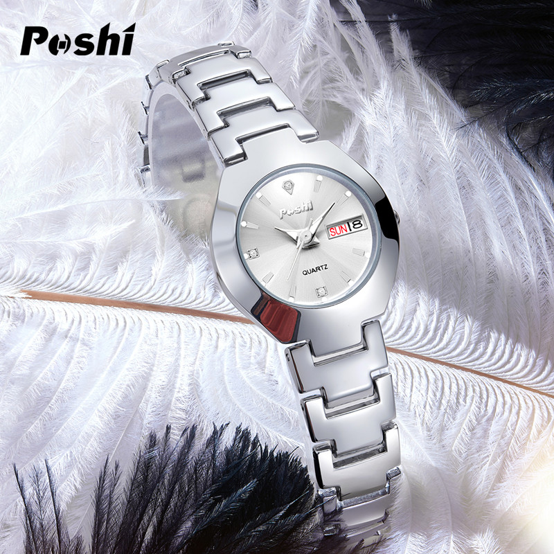 Swiss poshi women's watch, stainless steel, simple, waterproof, luminous with date, week, quartz watch, elegant bracelet as