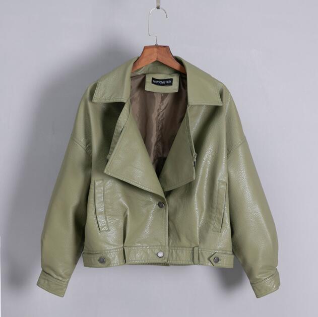 Imitatieleren jas dames omslagkraag casual pu leren jassen dames korte losse bikerjas bovenkleding: Groente / M