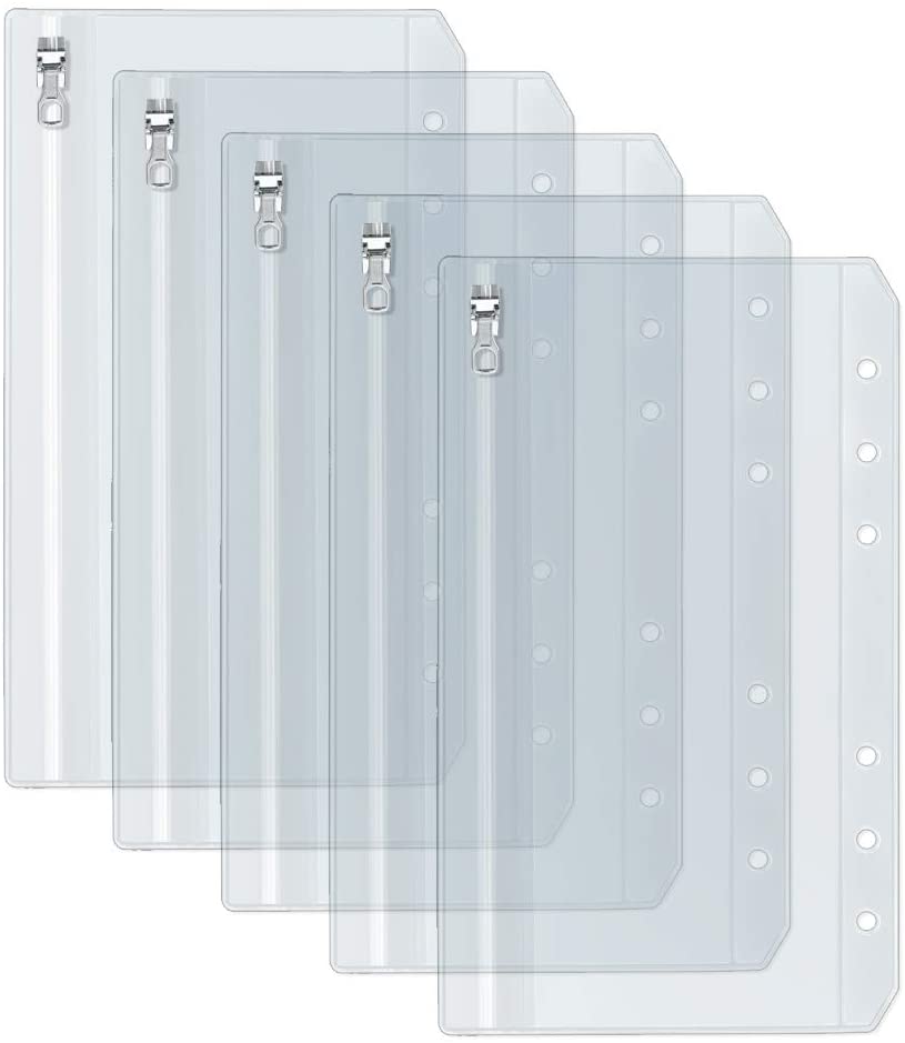 A5 A6 Clear Binder Pockets with Metal Zipper 6-Hole Punched Binder Pocket for 6-Ring Notebook Binder Pouch Organizer for Cashs