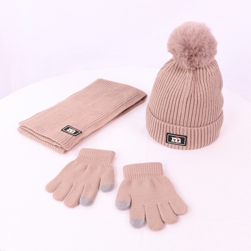 Børns vinter / efterår uld tredelt sweater cap til drenge og piger strikket varm hat tørklæde handsker sæt: Tredelt kaki