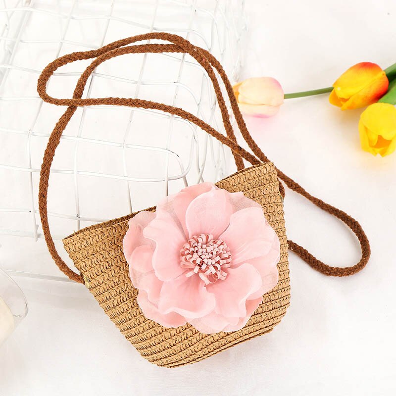 Women Girls Straw Sun Hat + Cute Flower Straw Shoulder Bag Set Summer Beach Kit -B5