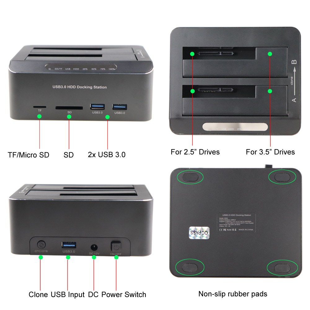 Estación de acoplamiento de disco duro de 2 bahías, USB 3,0 a SATA para HDD SSD de 2,5 &quot;/3,5&quot;, con 2 concentradores USB 3,0, lector de tarjetas TF/SD, clon sin conexión UASP