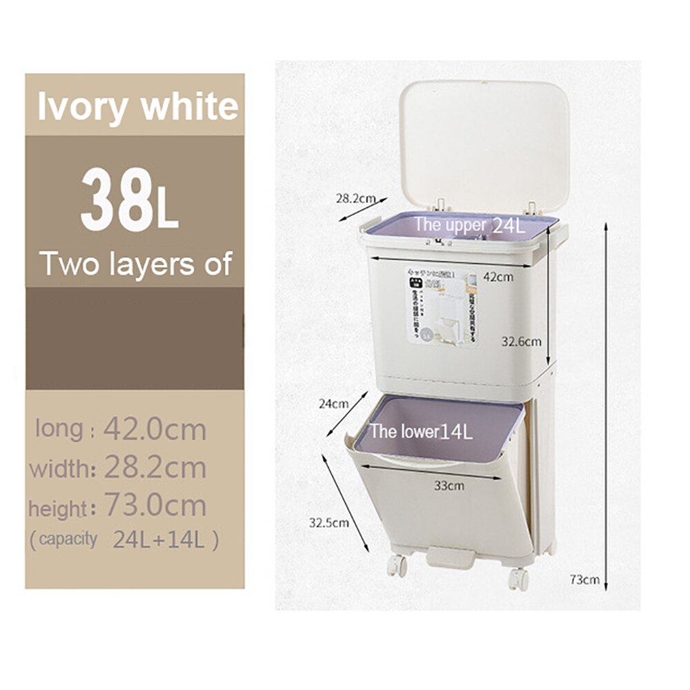 Garbage Classification 38L/42L 3 Layers Plastic Trash Bin Home Kitchen Garbage Classification Can with Wheels Garbage Storage: 38L 2 layers