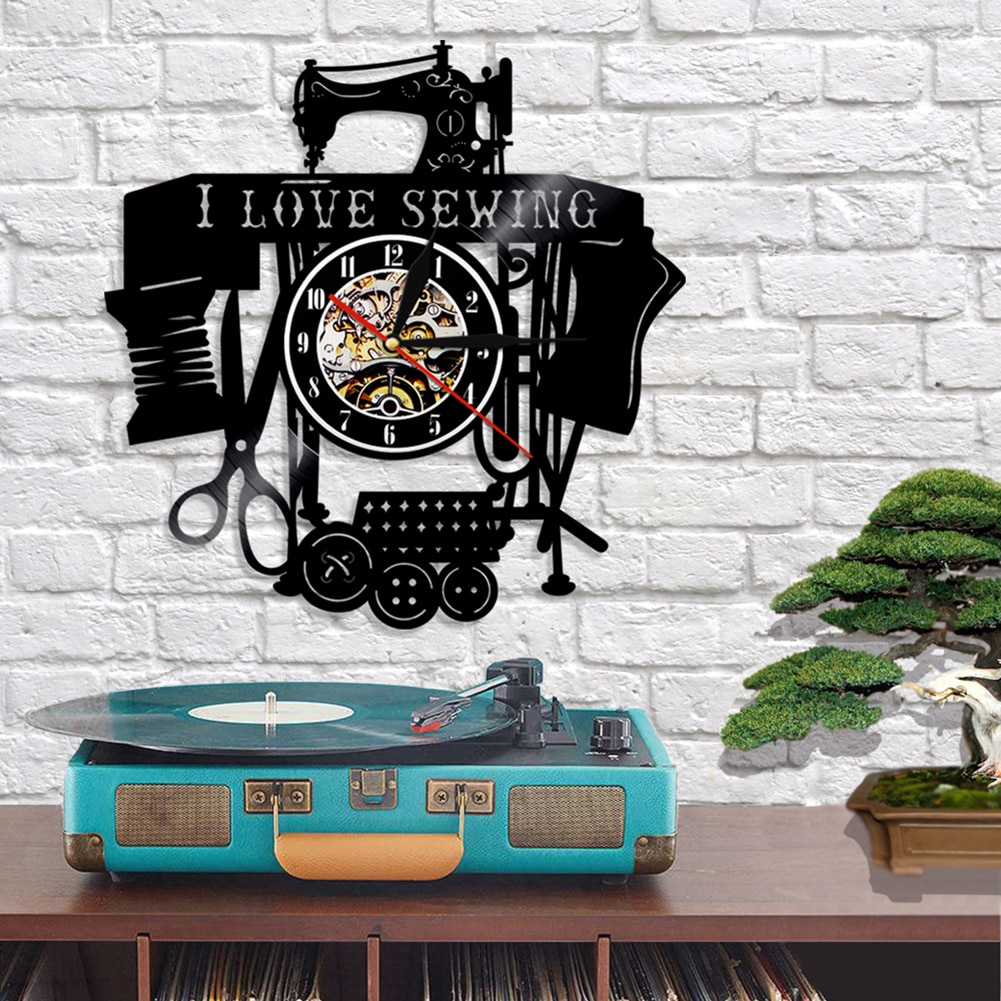 årgang håndlaget jeg elsker symaskin stille tallerken veggklokke hjem bar dekor stille kvarts bevegelse med / uten lys
