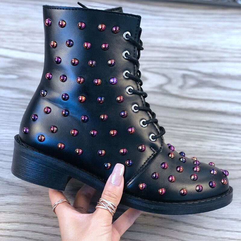 Autumn Winter European Style Boots For Women Red Silver Rivet Martin Boots Flats Lace Up Boots Plus Size 35-43: Red / 35