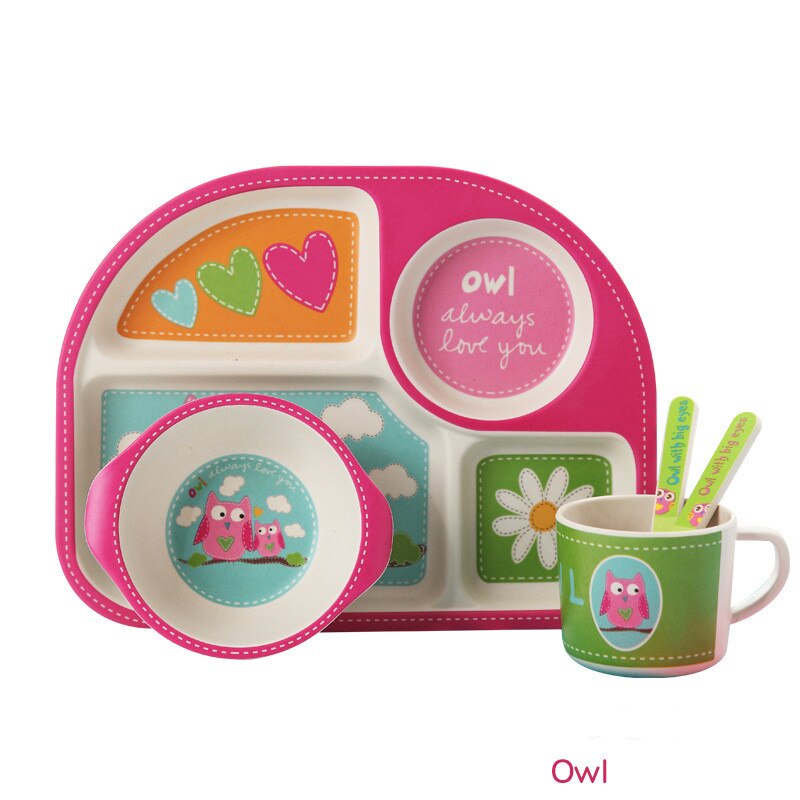 5 stuks babyvoedingsbakjes schattige voedselcontainer van bamboevezels kinderserviesgoed babyservies peuterbord maaltijdschaal: Uil