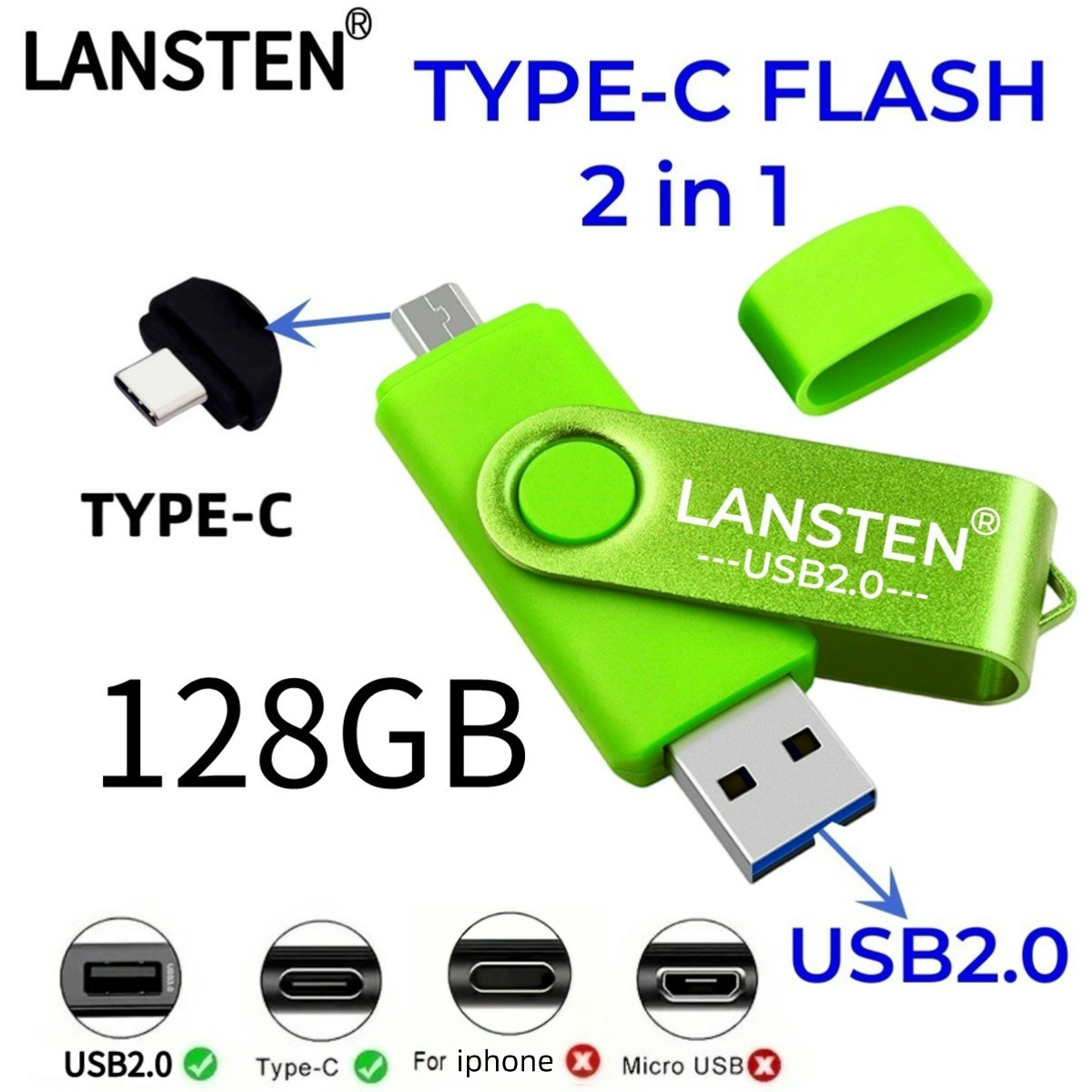 128GB USB C Flash Drive, 2 in 1 USB 2.0 Type C Thumb Drive Photo Memory Stick for Android Phones/Tablet/PC/Mac: green