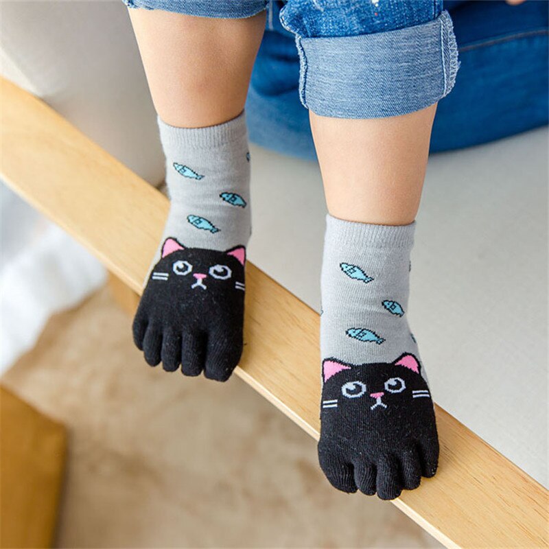 Children Cotton Socks Cotton Animal Boys Girls Middle Tube Socks Stuff Toe Socks for Kids Five Finger Sock for Seasons Girls: Cat