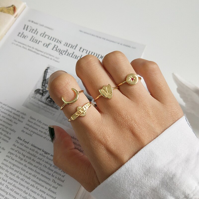 GHIDBK 925 sterlina Argento Anelli Dichiarazione di impostato Oro Starburst Del bambino luna Impilabile Anello per Le Donne Minimalista pila Anello tutto'ingrosso
