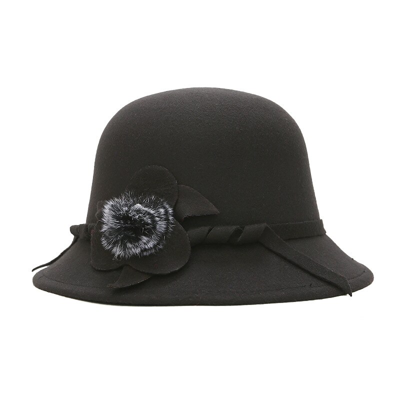 Vrouwen Meisjes Vintage Wolvilt Koepel Fedora Hoeden Dames Mode Effen Kleur Strik Bloem Emmer Hoed Voor Vrouw Winter Cap: Black