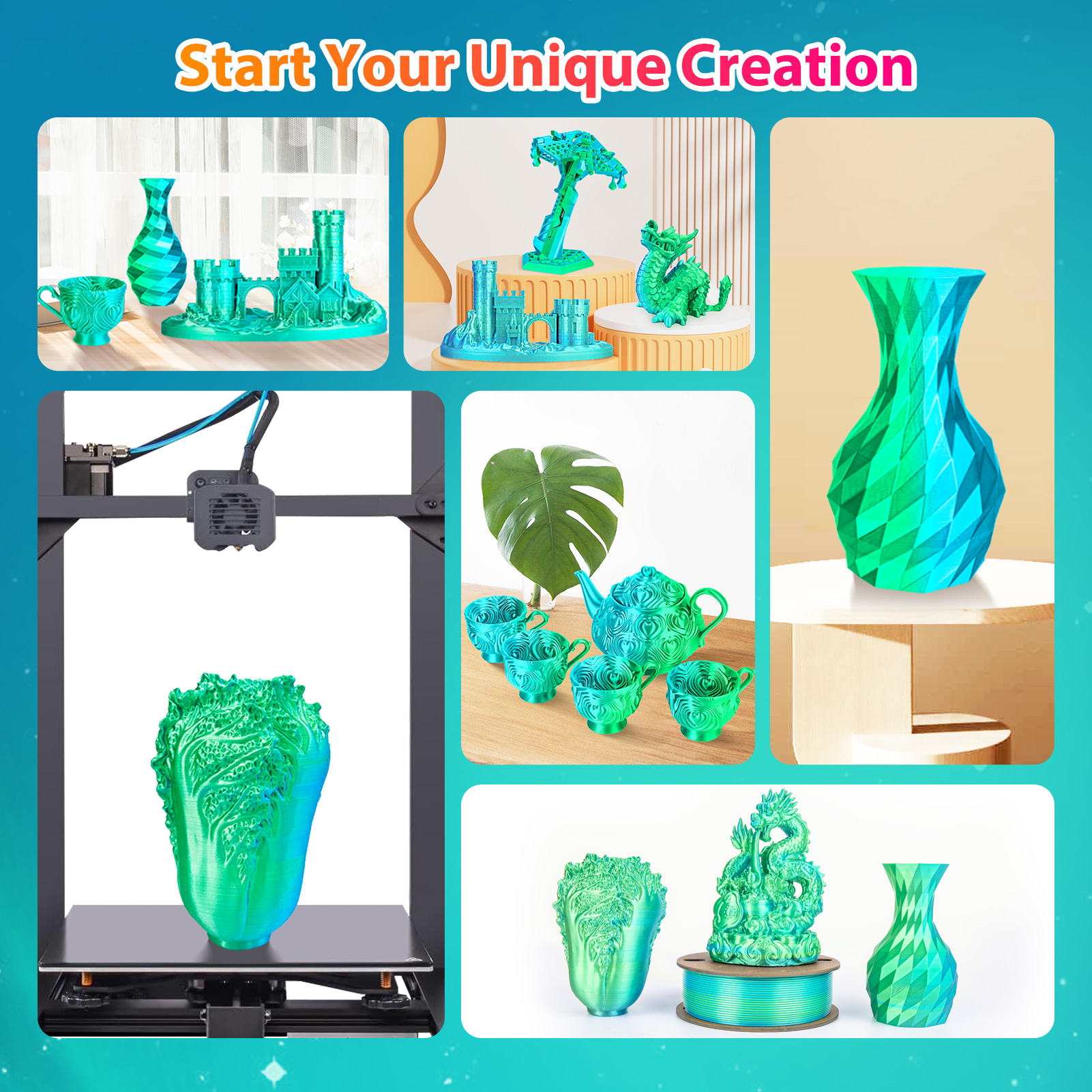 Seiden-PLA-3D-Drucker-Filament, 1,75 mm, 250 g, zweifarbiges 3D-Druckfilament, PLA-3D-Druckfilament, 2-in-1-Farbe, Himmelblau, Grün