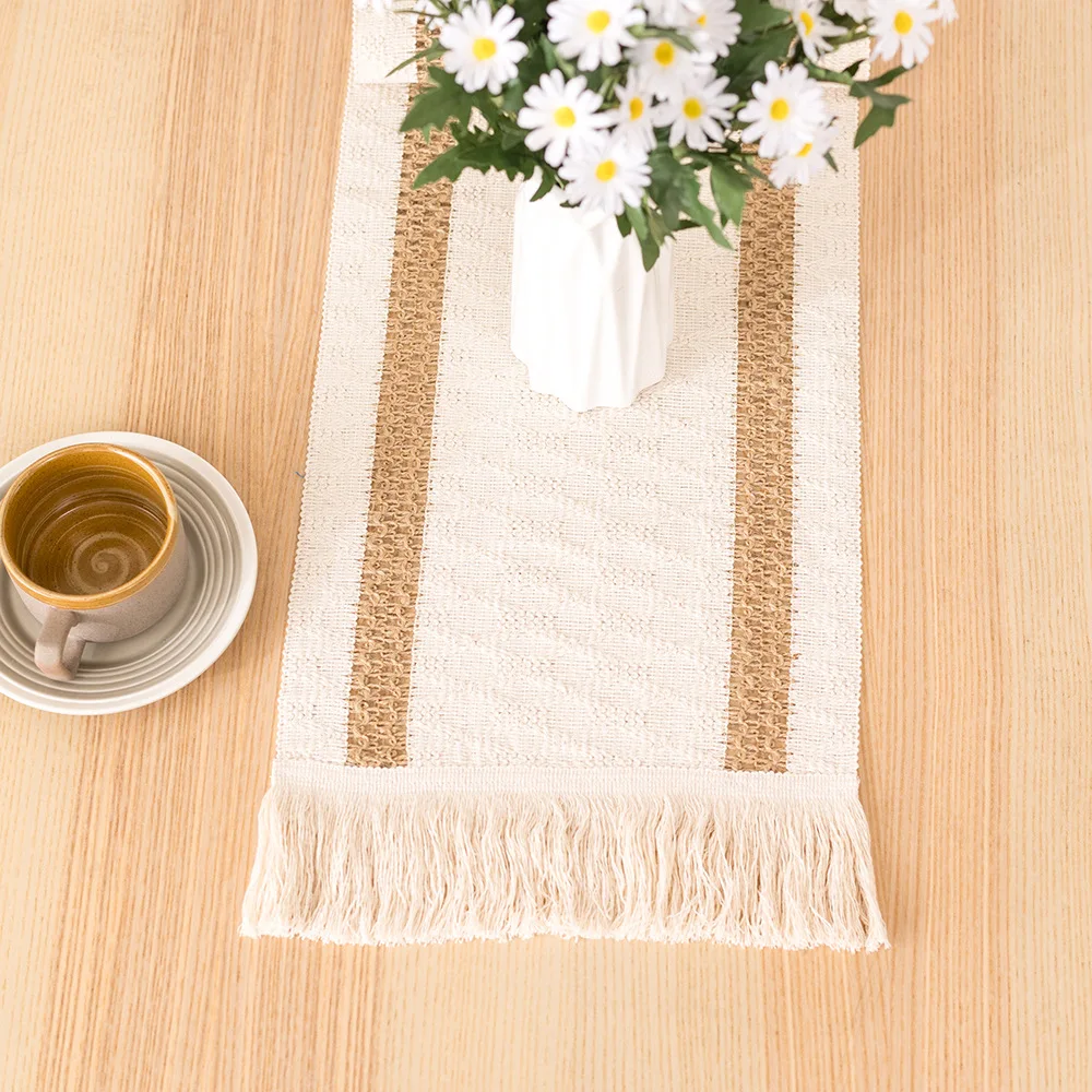 Handgewebter Jute-Tischläufer aus Naturleinen mit Quasten, rustikale Landhochzeit, Geburtstag, Weihnachtsdekoration für Zuhause, Tischdecke: 30*220cm / Licht Grau