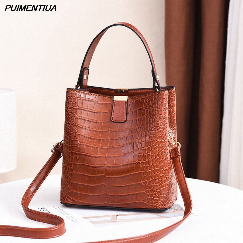 Puimentiua Retro Emmer Zakken Vrouwen Patroon Handtas Hoge Capaciteit Casual Krokodil Schouder Messenger Bags Dames Pu Portemonnee: yellow brown