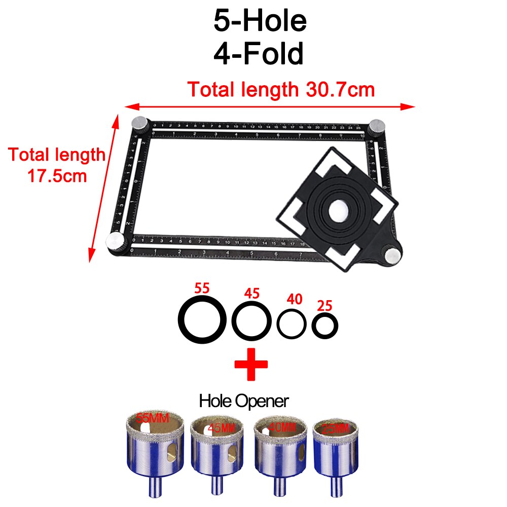 4 6 8 12 foldet aluminiumslegering vinkelfinder måle lineal skabelon værktøj abs sort perforeret form locator bor guide guide flise hul: Blå