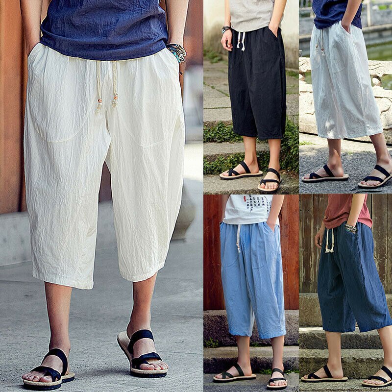 Sommer menn fritids sport cargo overall bukser joggebukser cropped legglengde løs linbukser med elastisk midje