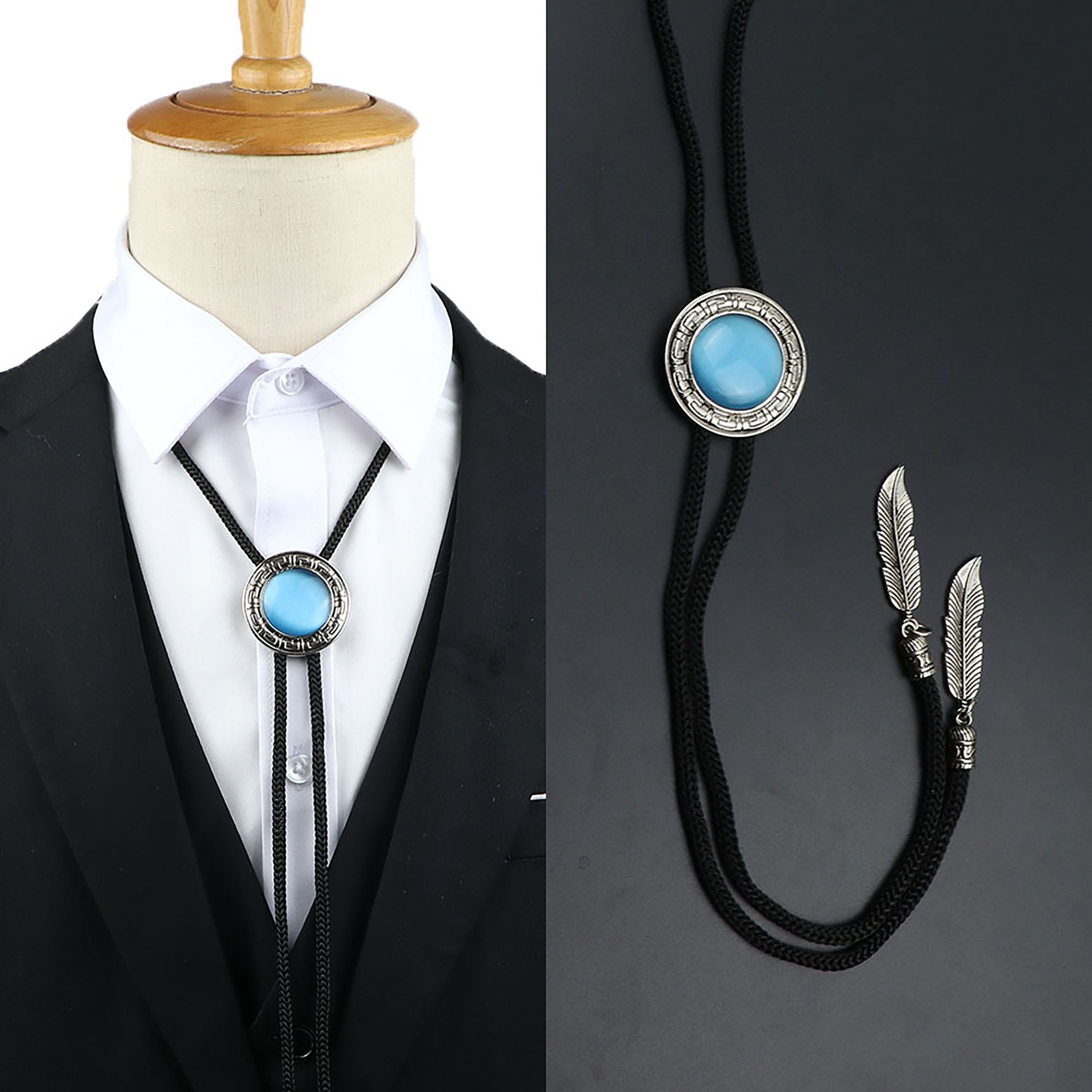 Bolo Tie Necklace - Leather Rope Chain - Plaid Pattern - Cowboy Jazz Style - Unisex Adult Accessory