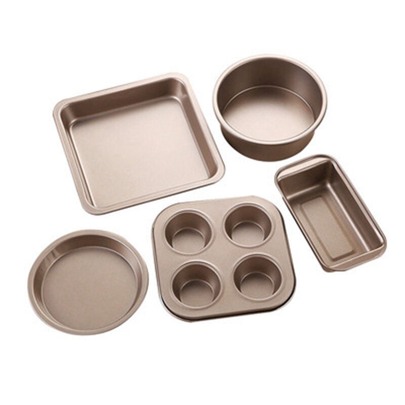 ! Bakken Pan Set 5 Stuk Non-stick Bakken Set Met Muffin Brood Brood Vierkante Ronde Pizza Pan: Goud