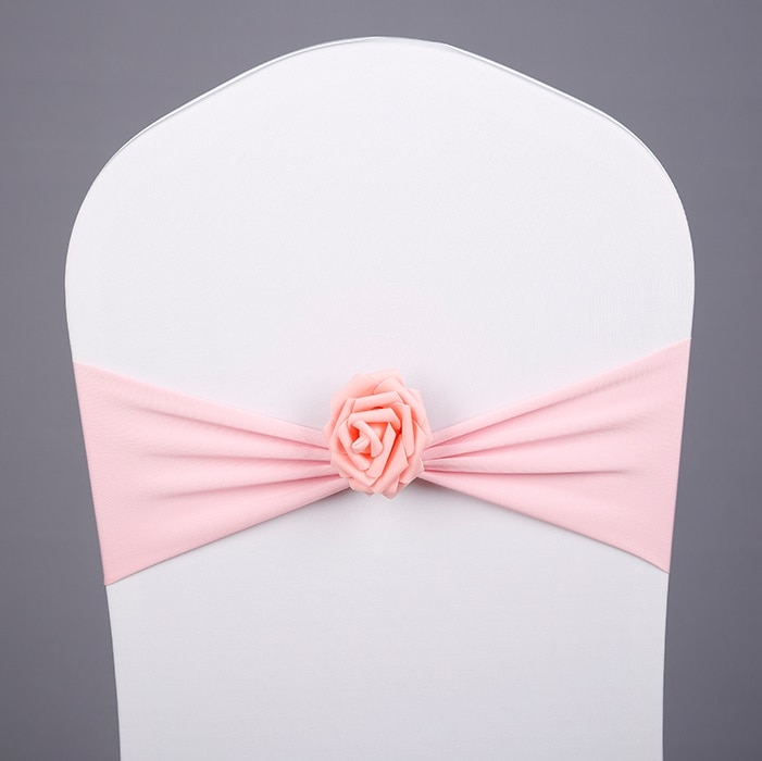 Lyserøde spandex-skærm med rosenkugle kunstig blomst til strækstolebetræk til bryllup lycra sløjfebånd