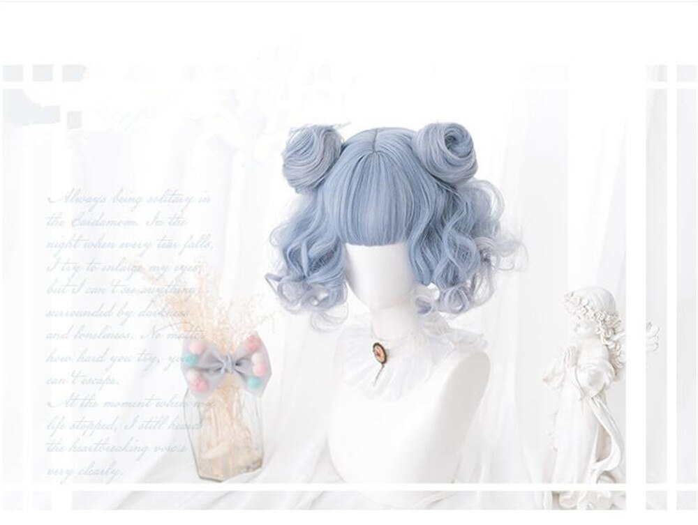 Lolita-perruque pour Cosplay de couleurs mélangées bleu clair, avec franges mignonnes, avec oreilles, cheveux pour fête, D052: style 2