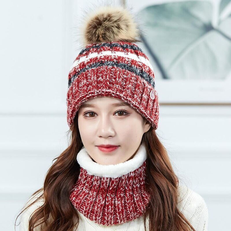 Gebreide wintermasker muts sjaal set dames dikke pompom mutsen ringsjaal warme wollen winteraccessoires voor dames winterset: Rode wijn