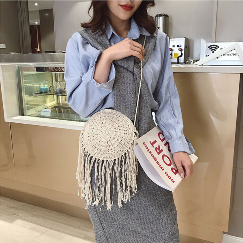 Women Casual Boho Straw Weave Tassel Messenger Bags Beach Handbag Fringe Crossbody Shoulder Bag Satchel Tote