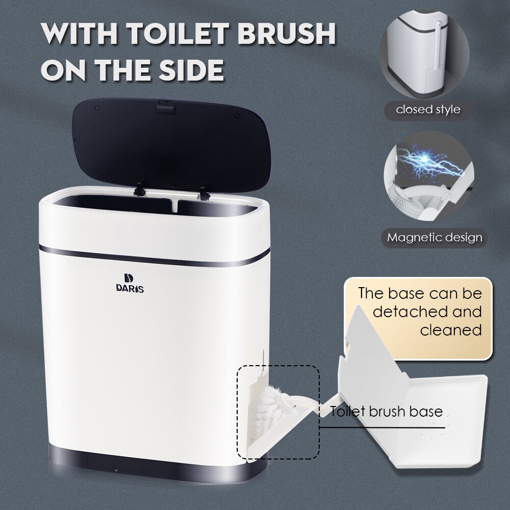 2 IN 1 Slim Plastic Trash Can With Toilet Brush Holder Toilet Narrow Garbage Bin Press Style Bathroom Garbage Bin