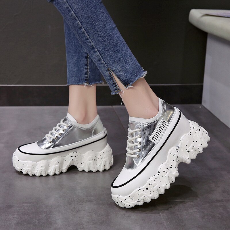 Femmes grosses baskets printemps 8.5CM talons hauts chaussures décontractées à semelles épaisses à lacets dames chaussures à plate-forme compensée baskets femme