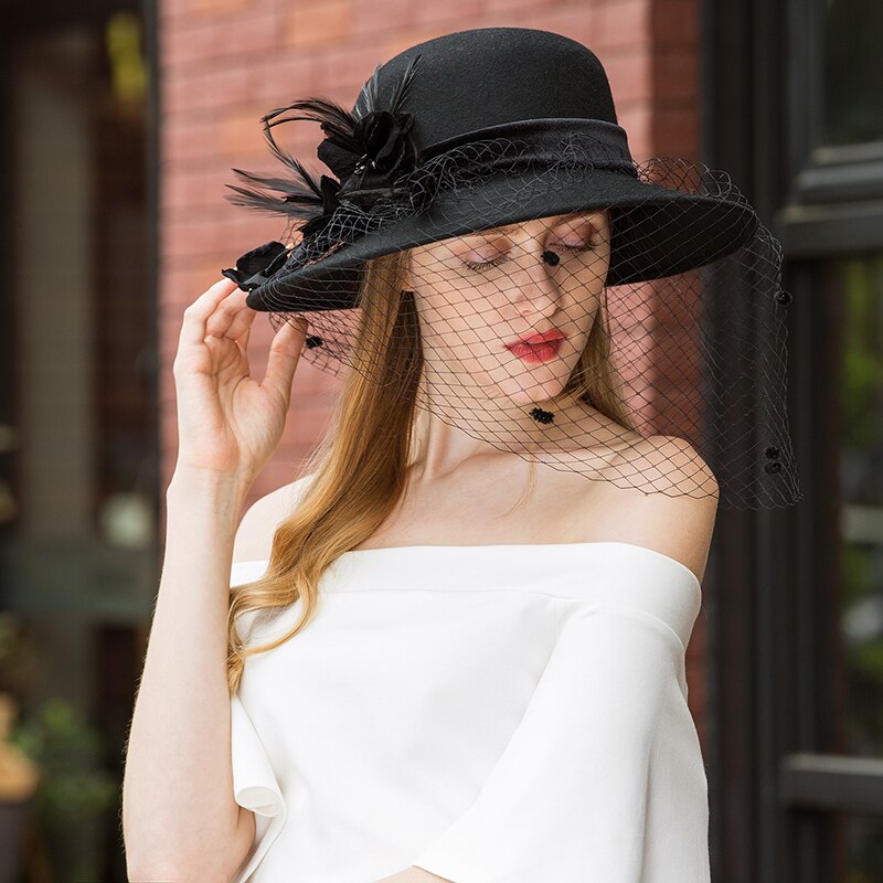 Lady Fedoras Hat Girls Wide Brim Wool Veil Hats Dome Party Cap Woolen Hats Hat Adjust A10