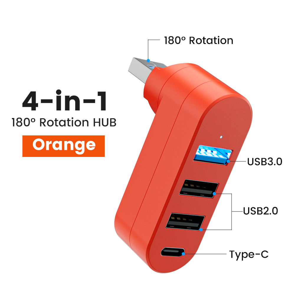 Elough Mini 180° Rotatable 4 Ports USB 3.0 2.0 Hub Type C High Speed Data Transfer U Disk Splitter Adapter For Laptop MacBook PC: pink