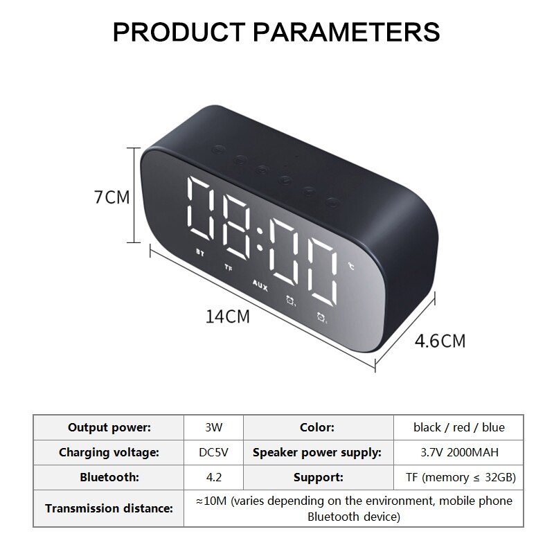 Altavoz Bluetooth con Radio FM Despertador con efecto espejo y luz LED reloj Subwoofer reproductor de música despertador reloj de escritorio inalámbrico