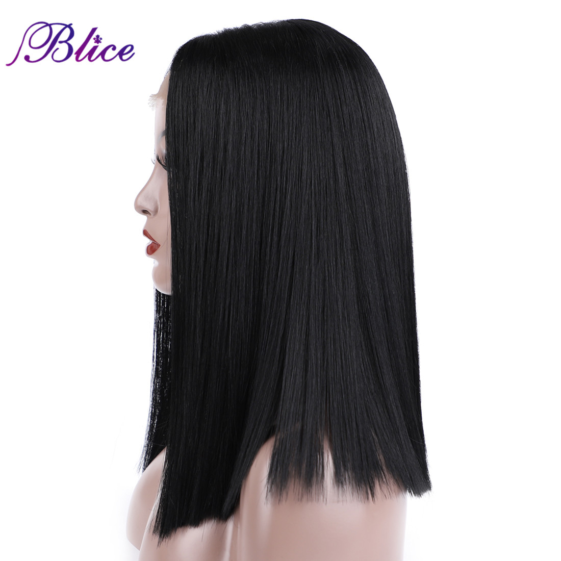 Blice Straight Short Bob Front Lace Synthetic Hair Wigs Natural Black Middle Part Wig Elastic Net With Three Combs