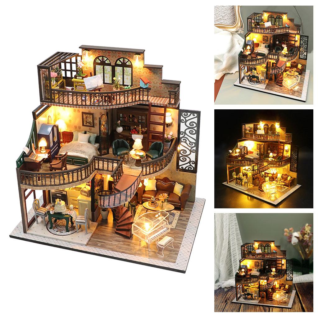 3D Doll House Kit DIY Miniature with LED Lights Do... – Grandado