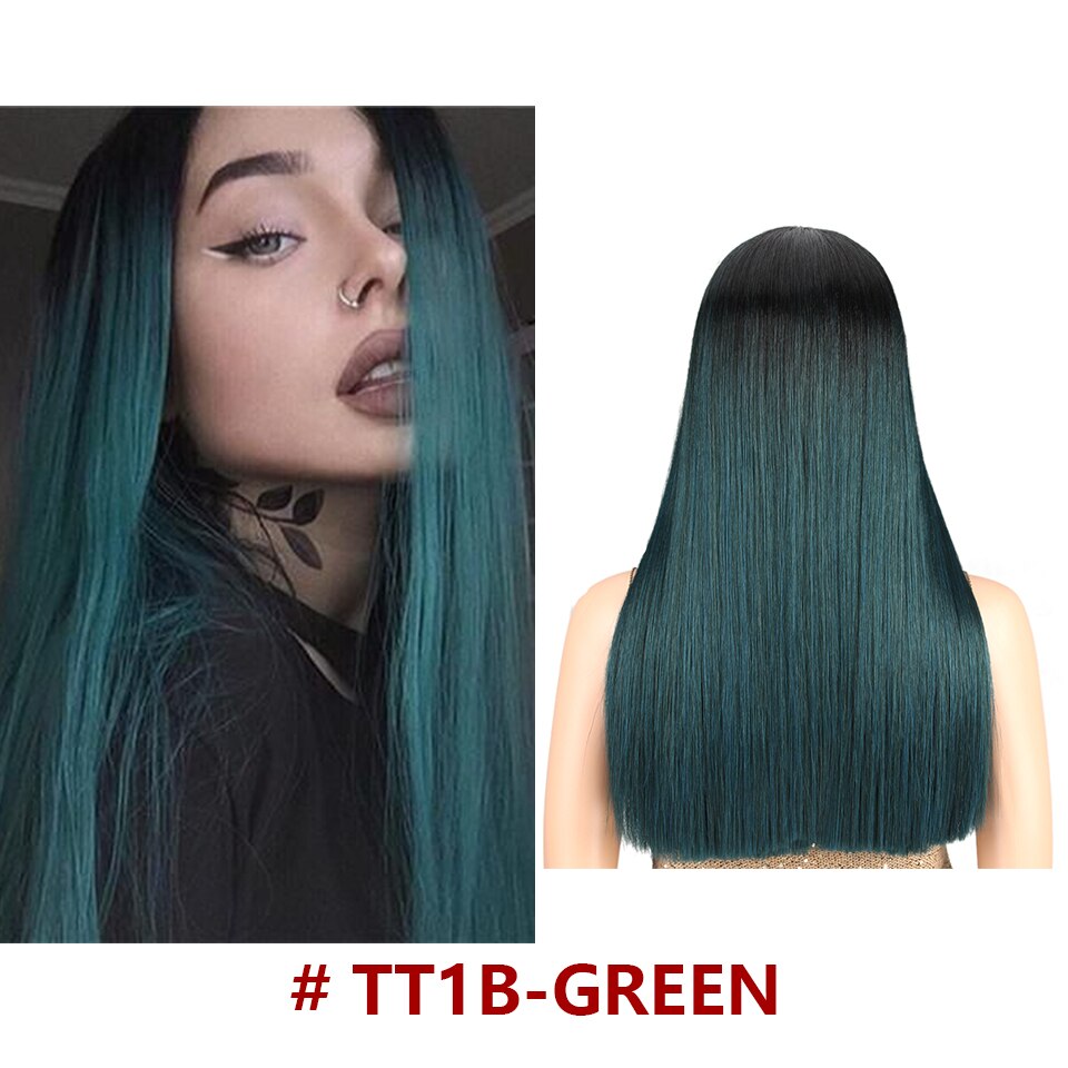 Bella Longue Droite Ombre Bleu & Vert Rose Blond Violet Violet Noir Bleu vert cheveux pièce 7 couleurs Résistant À La Chaleur Synthétique Dentelle Perruques Pour Les Femmes 20 pouce partie médiane droite colorée perruq: TT1B-GREEN